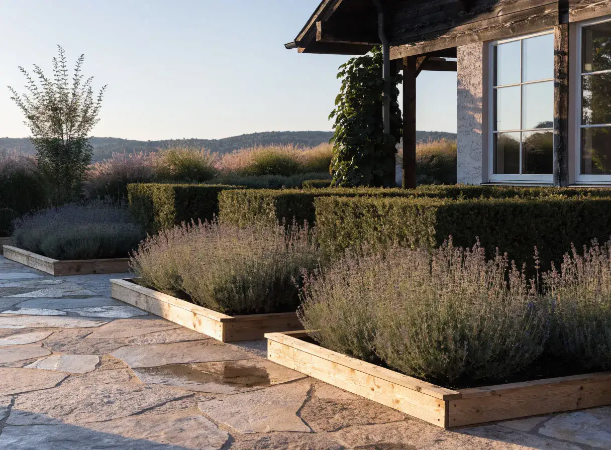 Gestalteter Innenhof mit Natursteinpflaster und Lavendel