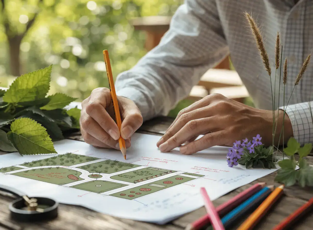 Gartenplanung mit Skizzen und Pflanzenmustern